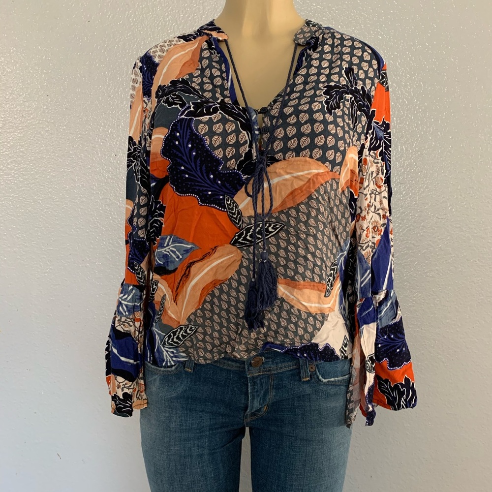 Blue Orange Boho Tassel Blouse Top Size Small